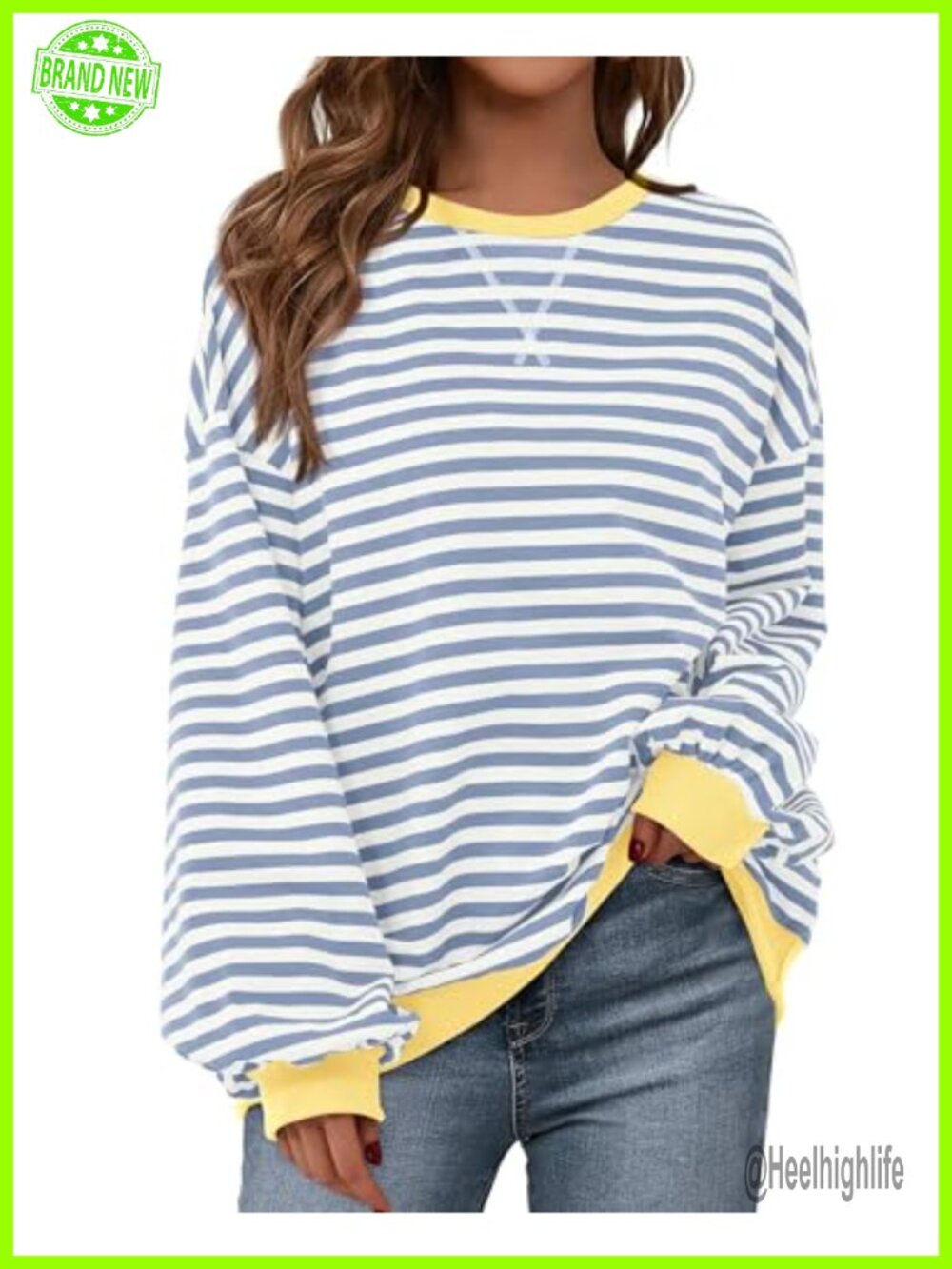 Oversized Striped Crewneck Sweatshirt Lantern Sleeve Loose Fit Pullover